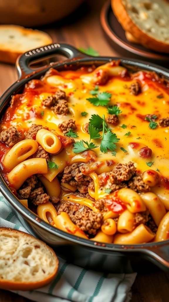 A delicious hamburger casserole with ground beef, pasta, and melted cheese, garnished with parsley, served in a rustic dish.